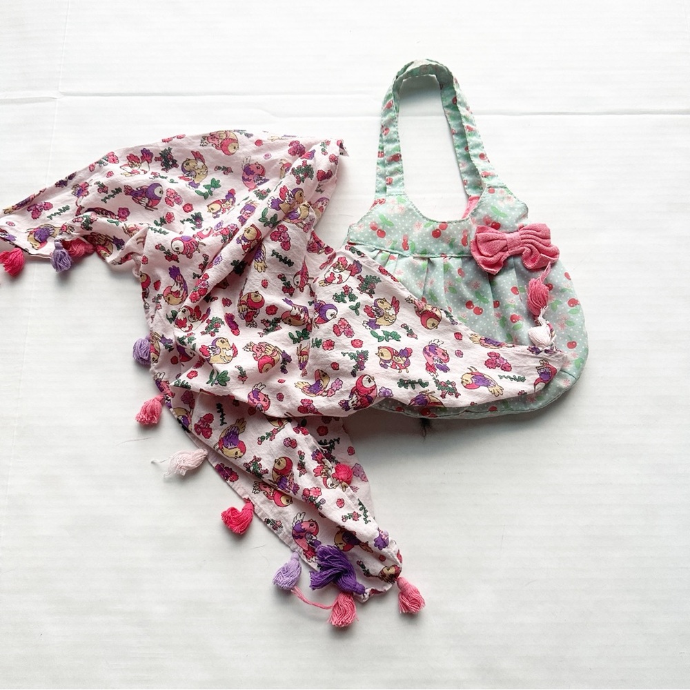 Little Girl’s Bird Floral Scarf and Cherry Bag Set
